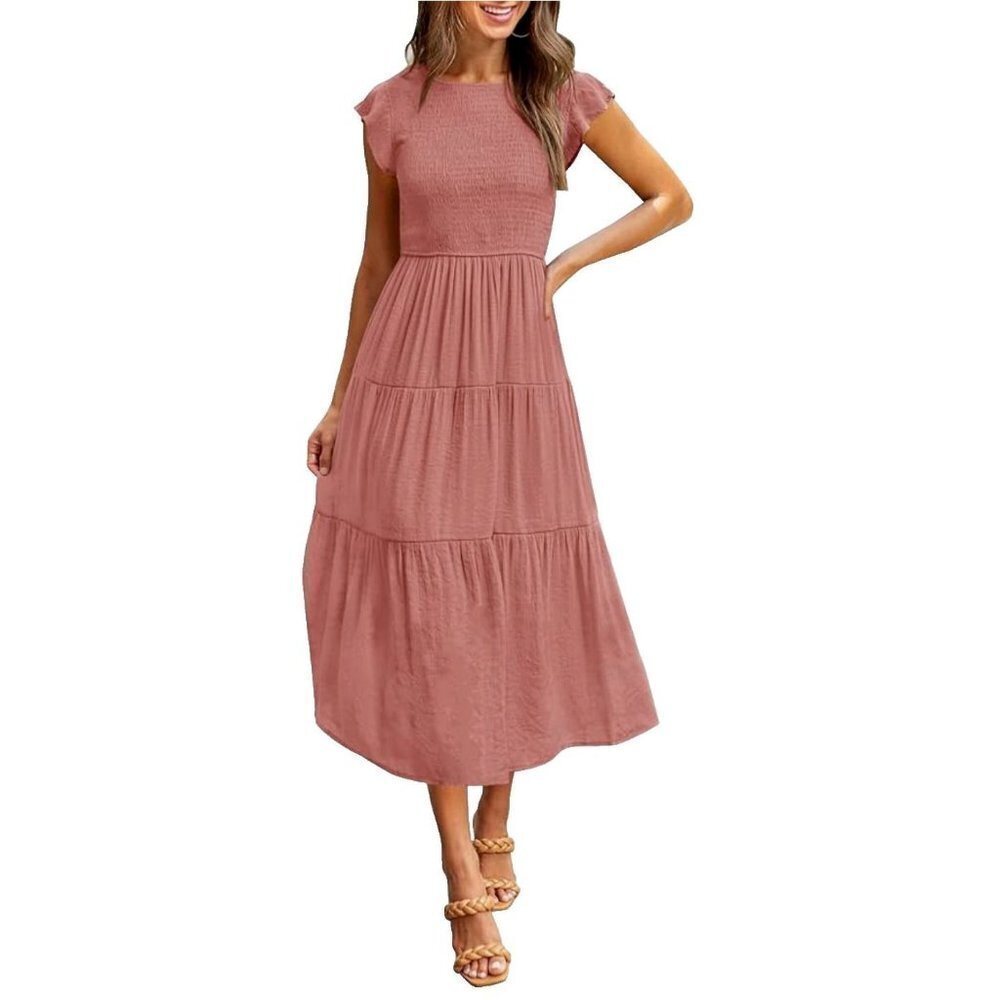 MEROKEETY Flutter Sleeve Smocked Midi Dress Womens size Small Casual Tiered Pink